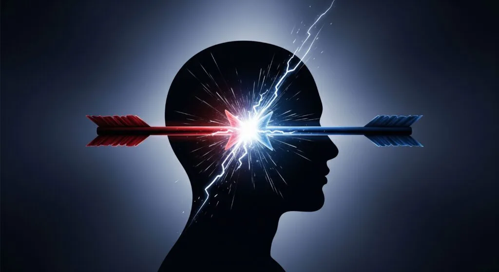An abstract image showing two arrows clashing inside a human head, symbolizing the concept of cognitive dissonance.