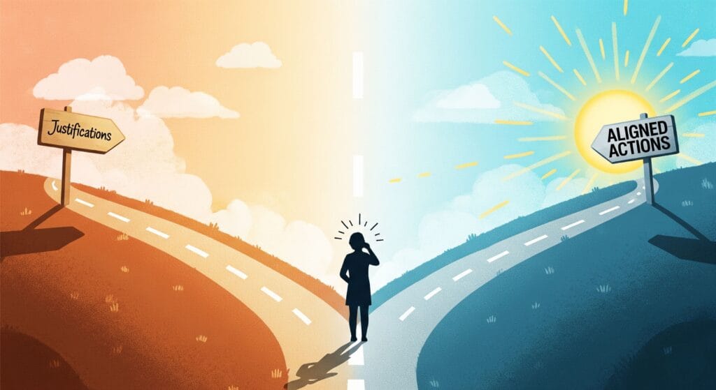 A person choosing between an easy path of justifications and a harder path of aligned actions, representing how to handle cognitive dissonance.