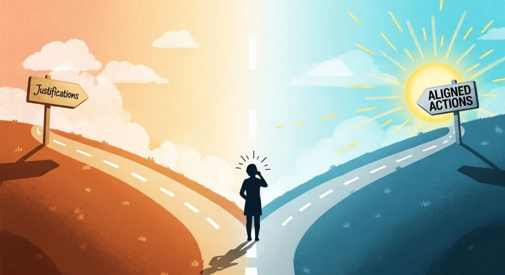 A person choosing between an easy path of justifications and a harder path of aligned actions, representing how to handle cognitive dissonance.