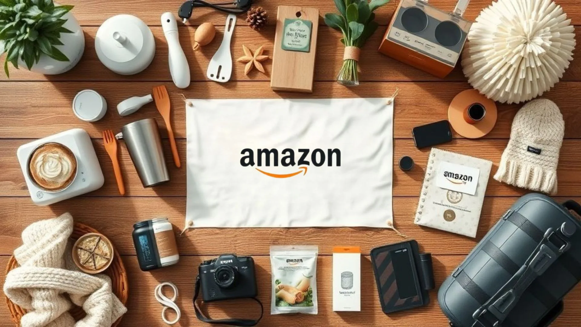 Flat lay of useful Amazon products including kitchen tools, home decor, and travel accessories on a neutral background with soft lighting.