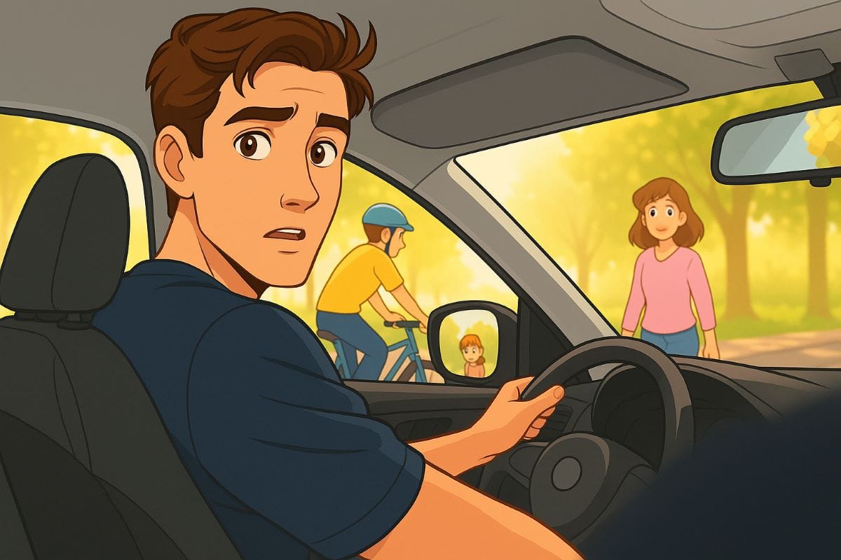 Driver looking over shoulder to check for cyclist and pedestrian before opening car door, illustrating the Dutch Reach technique.