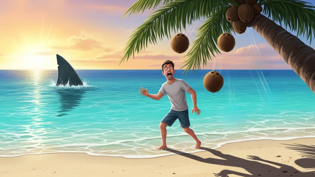 A man on a beach fears a distant shark fin while ignoring the more immediate danger of coconuts falling from a tree, illustrating the availability heuristic.