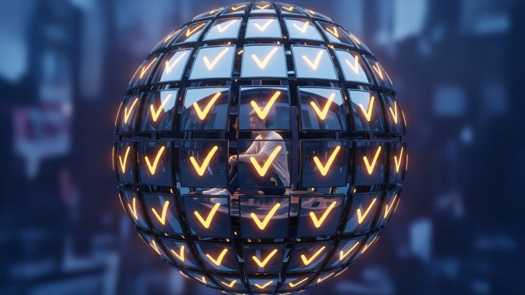 A person trapped inside a sphere of screens, illustrating the echo chamber effect of confirmation bias