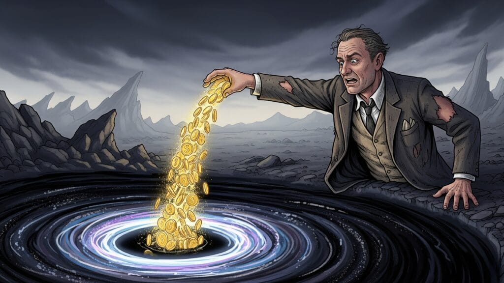 A distressed man in a tattered suit pours golden coins into a black hole, illustrating the cognitive bias of the Sunk Cost Fallacy.