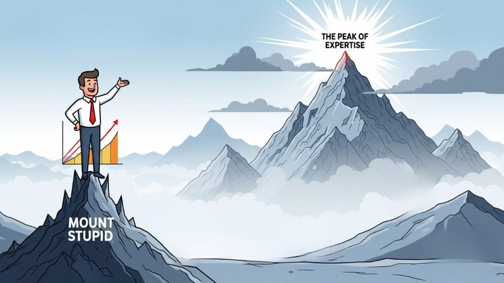 Illustration of the Dunning-Kruger effect, showing a confident man on "Mount Stupid," unaware of the much larger "Peak of Expertise" in the distance.