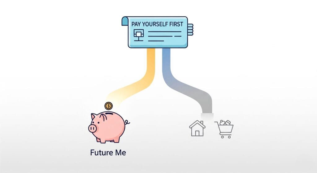 A minimalist graphic demonstrating the 'Pay Yourself First' principle, where a paycheck's first path leads to a piggy bank representing savings.