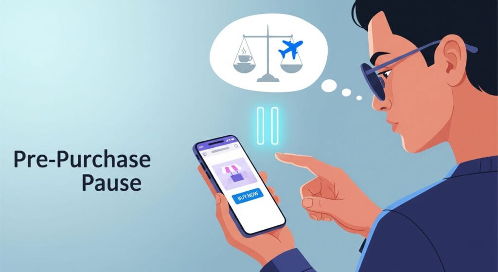 An illustration of a person practicing mindful spending by pausing before an online purchase, with a thought bubble weighing a small want against a large goal.