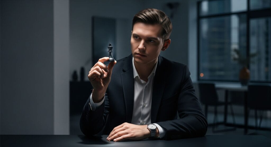 A professional person contemplating a chess piece, symbolizing the use of chess strategy in a career.
