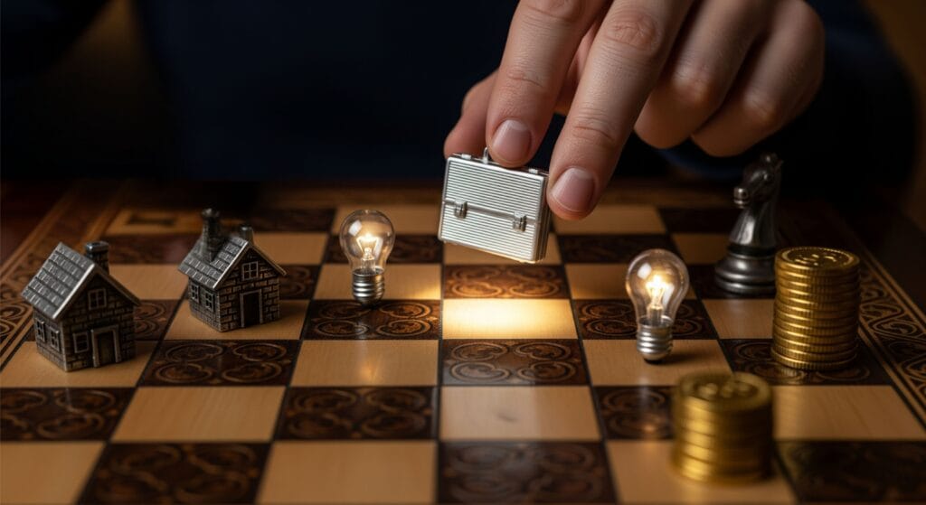 Hand moving life-goal icons on a chessboard, representing the application of chess strategies to life planning.