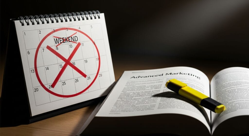 A calendar with weekends crossed out next to a study book, illustrating the concept of sacrificing time for a long-term goal.