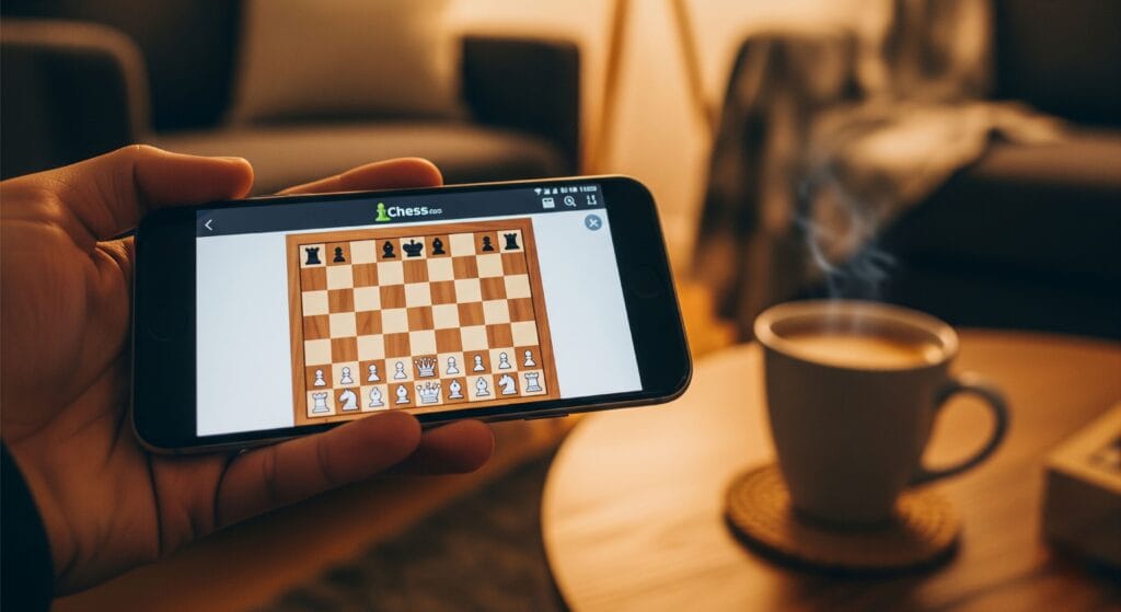 A person holding a smartphone showing a chess app, demonstrating how easy it is to start learning chess online.