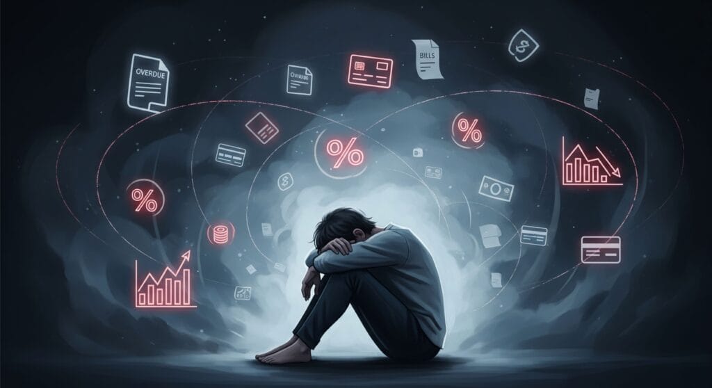 A conceptual illustration of financial anxiety, showing a person looking overwhelmed while surrounded by a dark cloud of bills and credit card symbols.