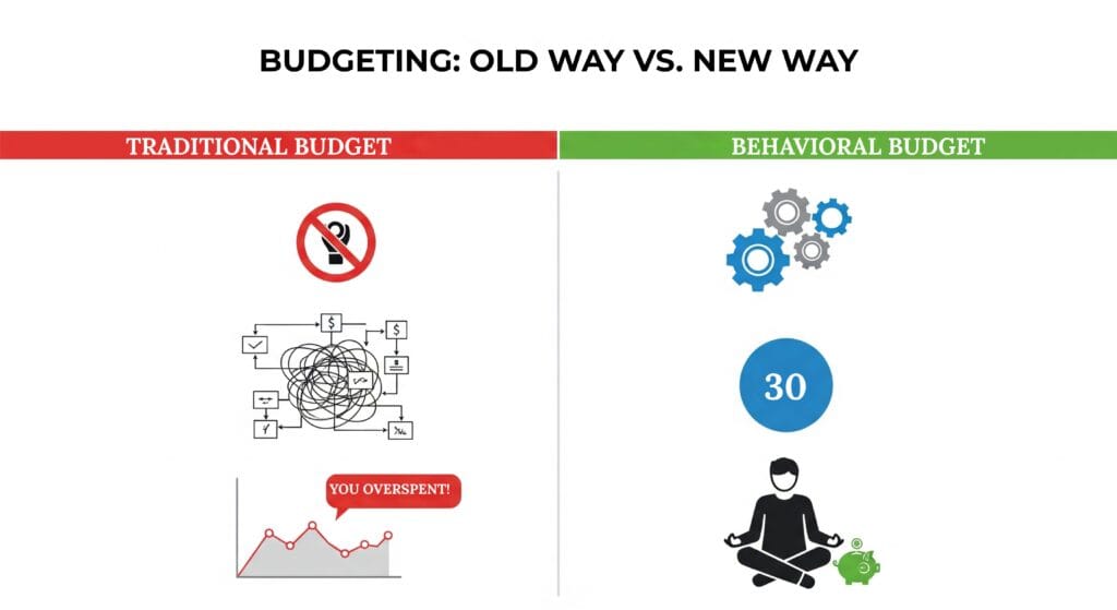 Infographic comparing the stressful traditional budget with the simple and proactive behavioral budget.