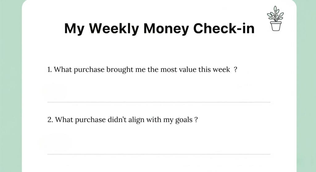 A mock-up of the two mindful spending questions used in the behavioral budget weekly check-in.