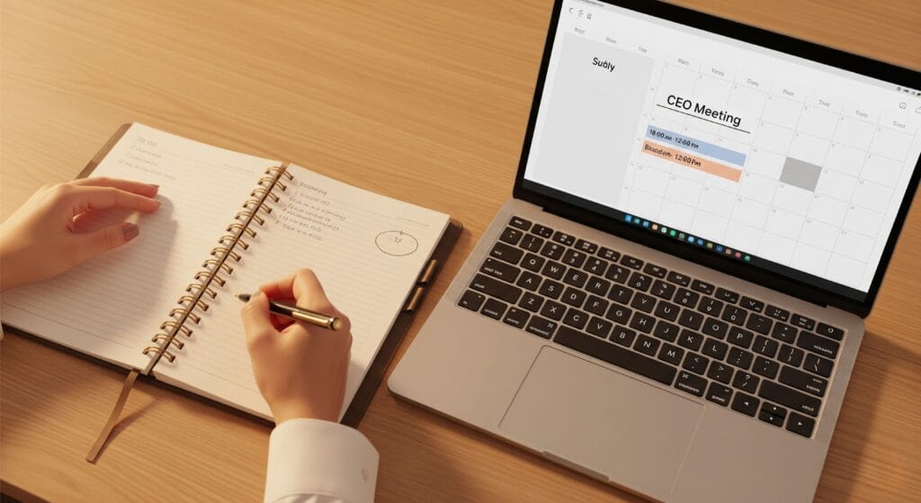 A desk with a planner and laptop showing a scheduled weekly review, a key productivity system for smarter living.