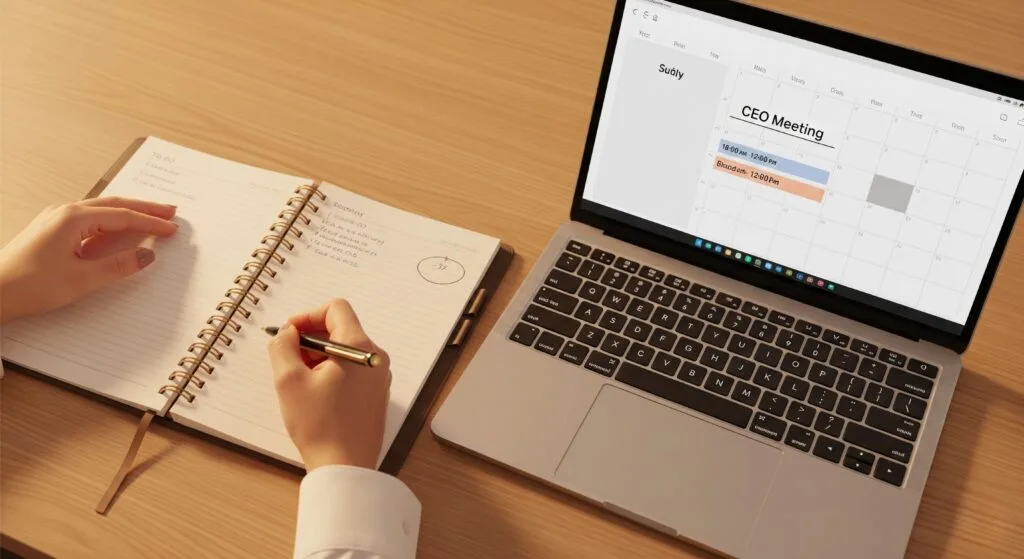 A desk with a planner and laptop showing a scheduled weekly review, a key productivity system for smarter living.