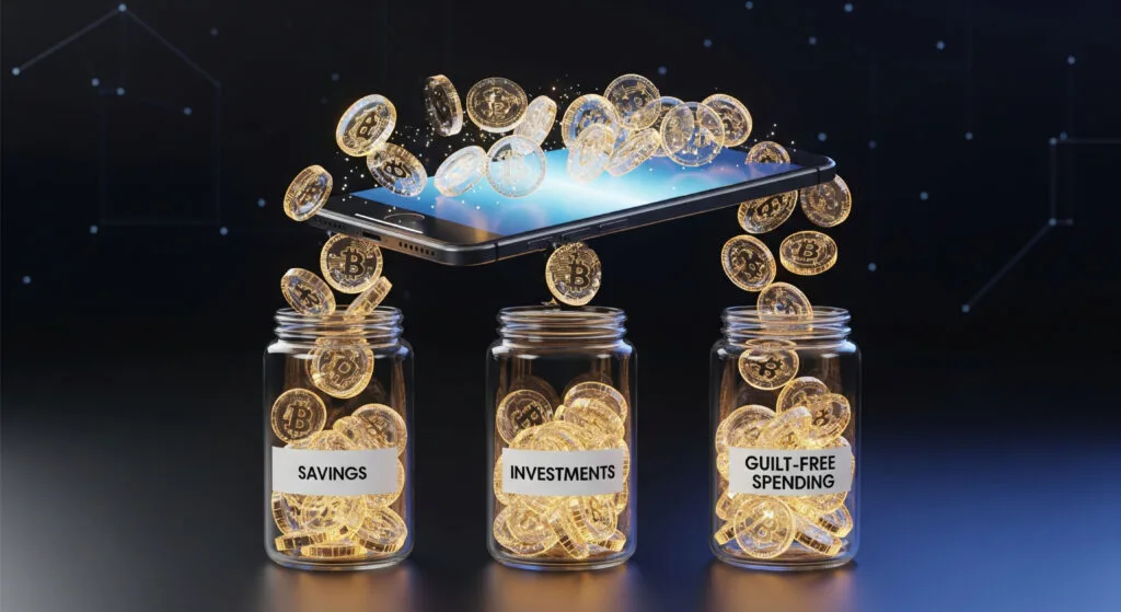 Digital coins flowing automatically from a phone to savings and investment jars, illustrating the "Pay Yourself First" system.