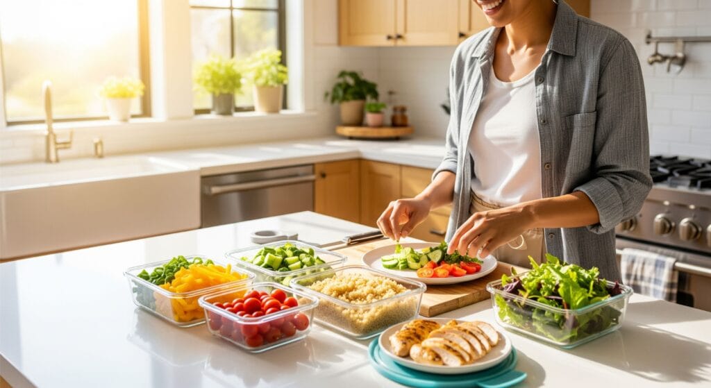 A person meal prepping with organized containers of fresh food, a system for home organization and smarter living.