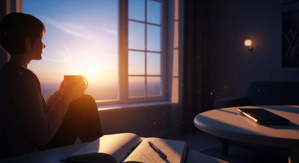 A person journaling peacefully at sunrise, practicing a mental clarity system like a digital detox.