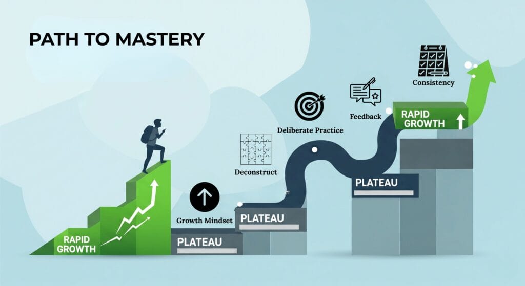 An infographic illustrating the non-linear path to mastery, showing periods of rapid growth followed by plateaus, with icons for the 5 steps of skill acquisition.