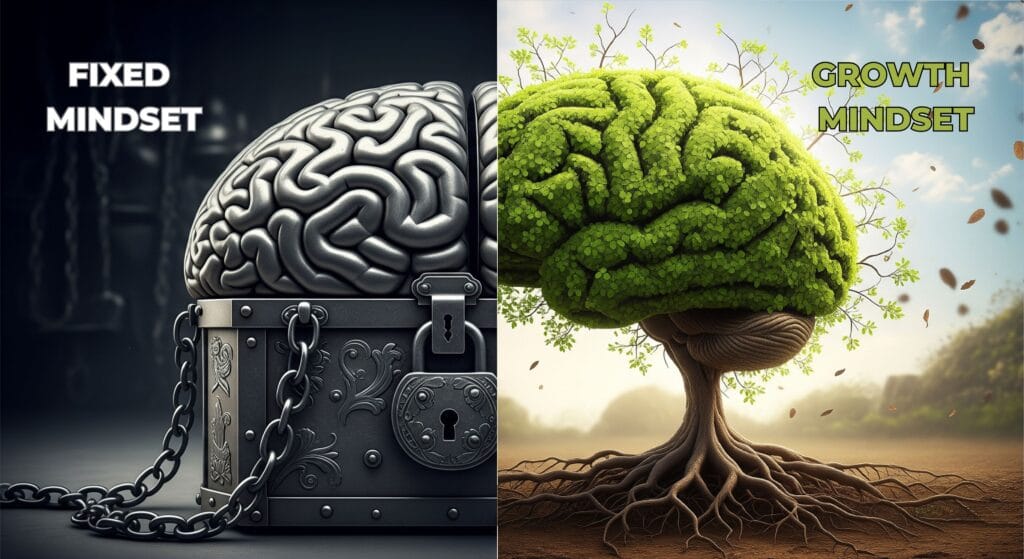 A comparative image showing a 'Fixed Mindset' as a locked box and a 'Growth Mindset' as a growing tree, illustrating the core concept of Dr. Carol Dweck's research.