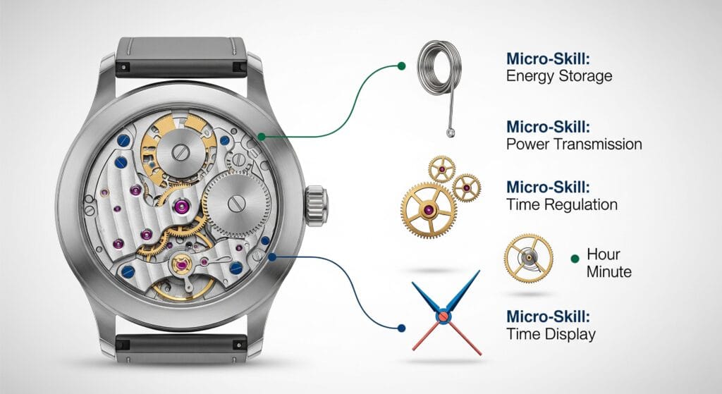 An infographic illustrating skill deconstruction, showing a complex watch being broken down into its smaller, manageable micro-skills.