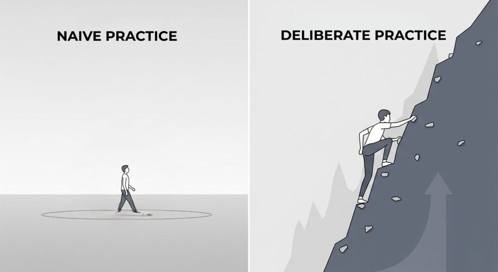 A comparative illustration showing the difference between aimless naive practice and focused, challenging deliberate practice.