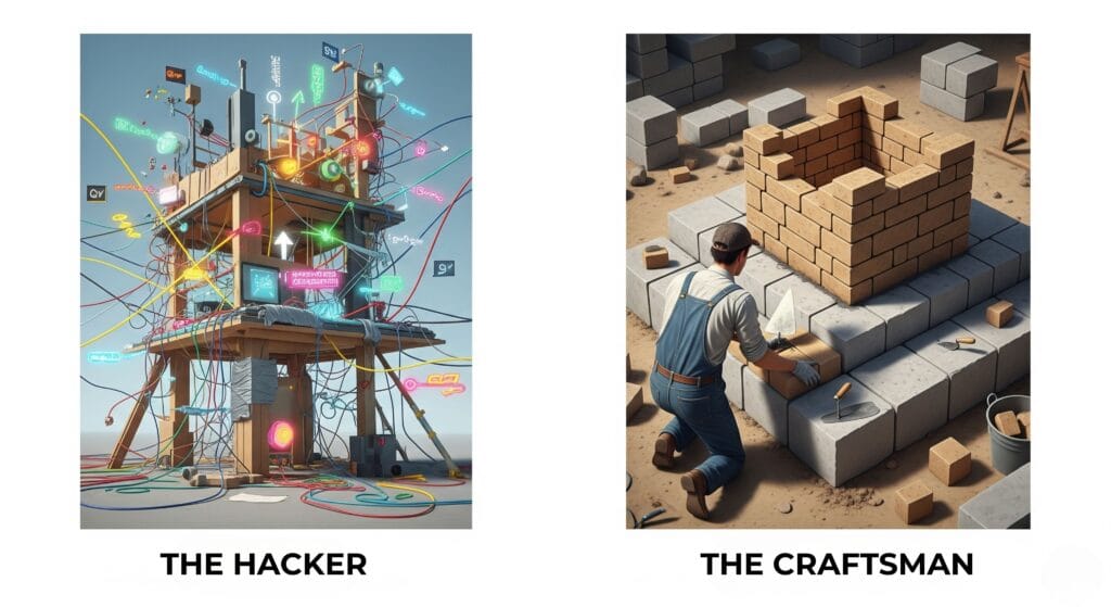 An illustration contrasting the short-term "hacker mindset" with the patient, long-term "craftsman mindset" required for mastery.