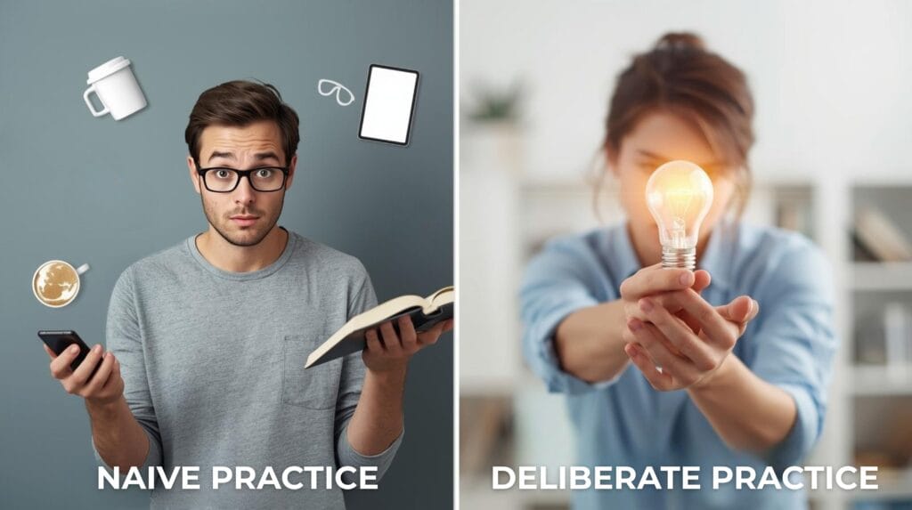 An infographic comparing naive practice (a distracted person juggling) with deliberate practice (a focused person examining a lightbulb).