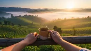 A person holding a mug, enjoying a quiet, mindful moment overlooking a beautiful sunrise valley, illustrating the concept of mindful travel.