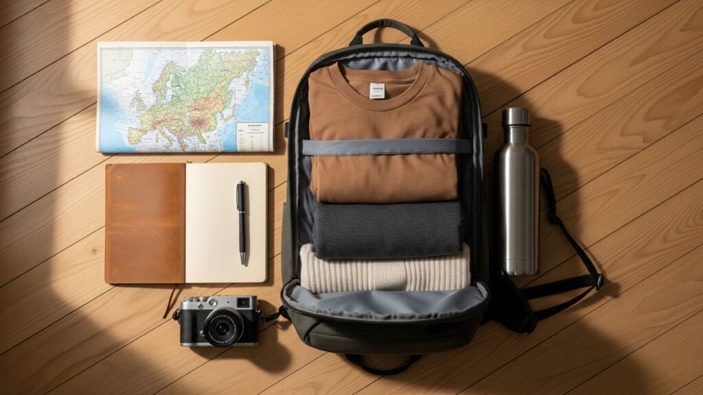 A minimalist packing flat-lay with essential, sustainable travel gear, illustrating the concept of packing with intention.