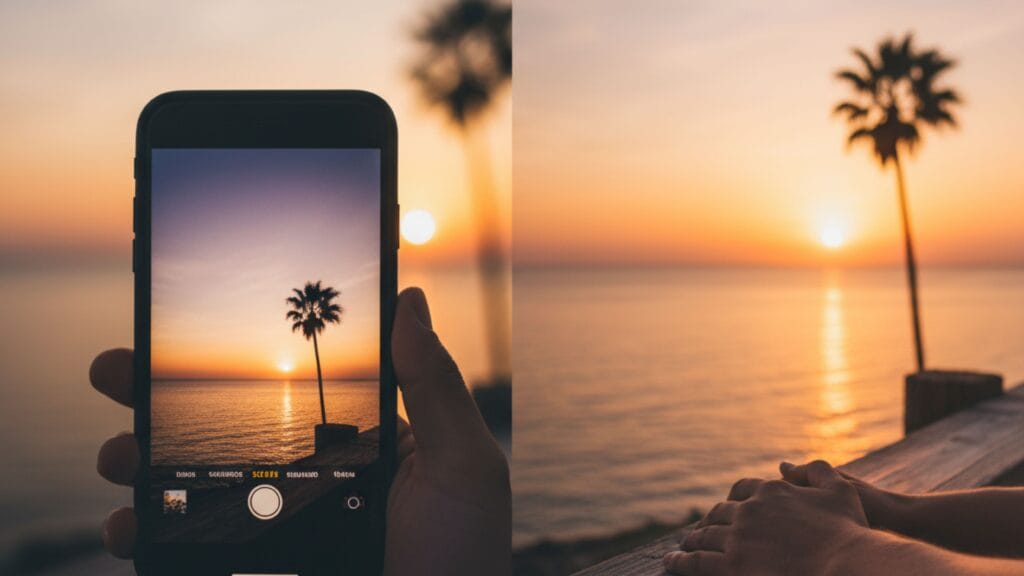 A visual contrast between viewing a sunset on a phone and experiencing it in person, illustrating mindful presence.
