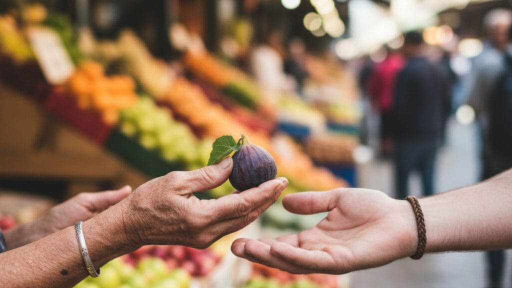 A close-up of a local market vendor's hand giving a piece of fruit to a traveler, symbolizing connection in mindful travel.