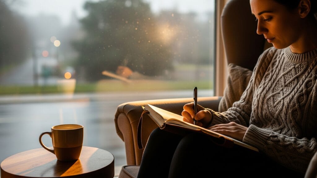 A person reflecting and writing in a travel journal by a window, showing the integration part of mindful travel.