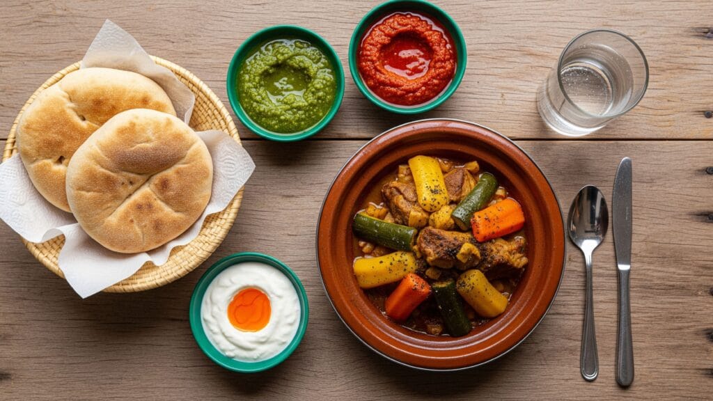 A colorful, authentic local dish on a rustic table, representing the practice of mindful eating while traveling.