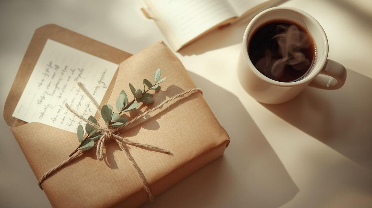A simply wrapped gift on a wooden table, next to a handwritten note and a notebook, symbolizing how to give meaningful gifts.