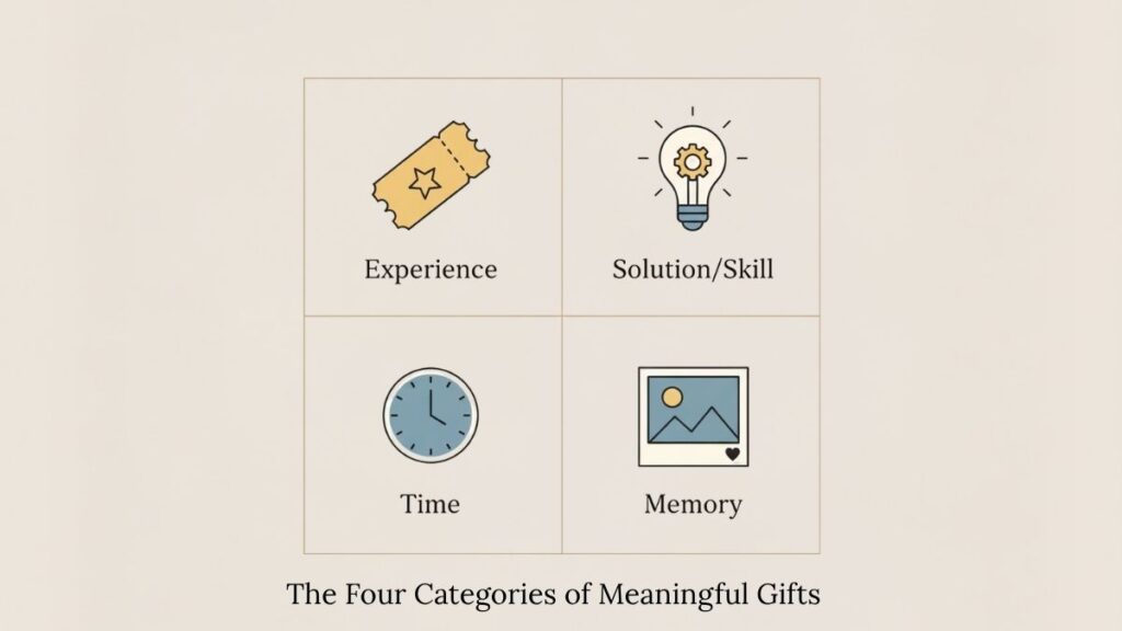A four-quadrant infographic showing icons for Experience, Solution, Time, and Memory, the categories for genuinely meaningful gifts.