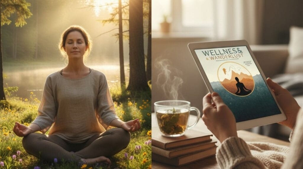A collage showing a yoga retreat and a digital magazine, representing experience gifts.
