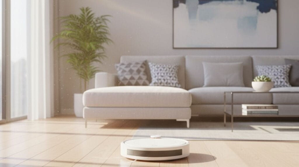 A sleek white robot vacuum cleaner moving across a wooden floor in a modern, sunlit living room.