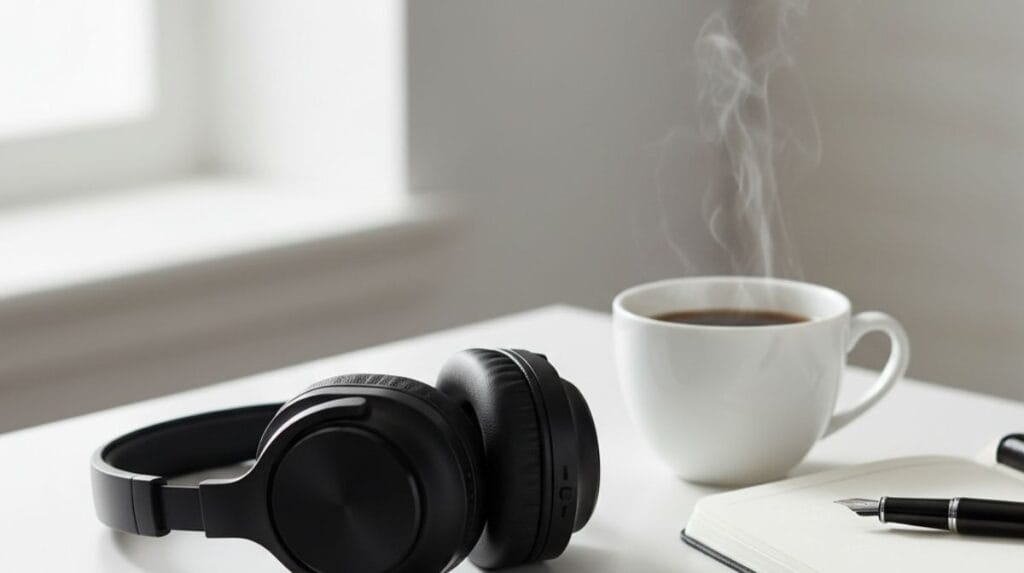 A close-up of premium noise-cancelling headphones resting on a clean desk next to a coffee cup, symbolizing focus.