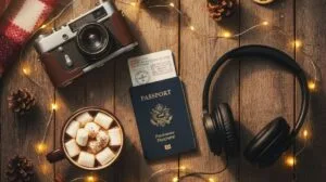 A festive flat-lay showing a camera, passport, and headphones surrounded by Christmas lights, representing meaningful christmas gifts.